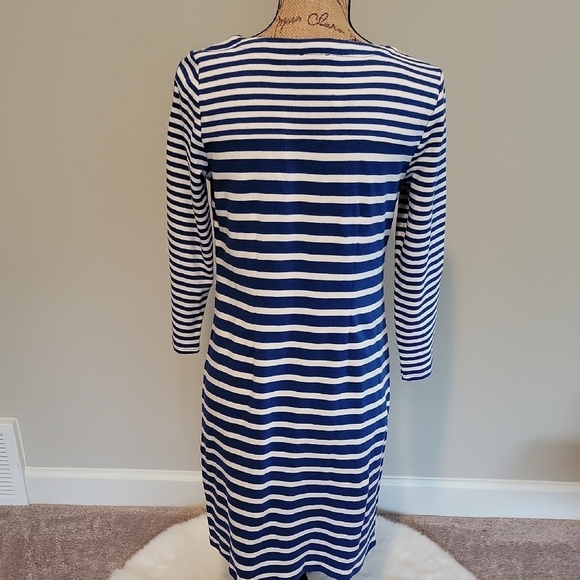 Talbots White and Blue Sheath Dress with 3/4 Sleeves and Crew Neck - Picture 3 of 5